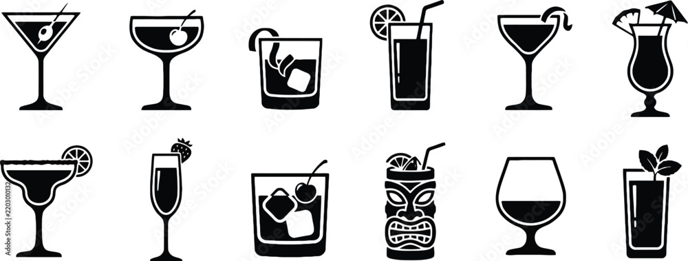 Obraz premium Alcoholic cocktails and bar drinks silhouette vector icons set