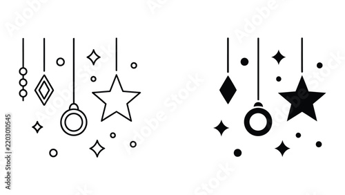 Christmas hanging bauble and star decorations vector set isolated on white
