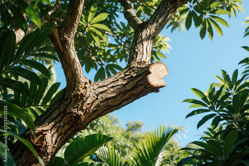Obraz premium Tree branch with rough bark texture and green leaves against a clear blue sky. Freshly cut surface shows wood grain. Rich tropical garden setting with dense foliage.