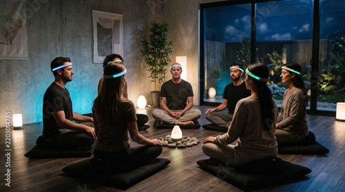 Plakat Meditation Group Using Biofeedback Brainwave Headbands