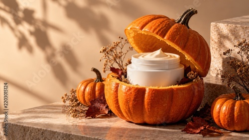 Autumn Pumpkin Skincare Cream Display With Warm Seasonal Sunlight Glow