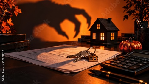 Halloween Real Estate Concept With House Keys And Monster Shadow