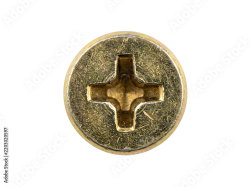 Closeup top view of a goldcolored screw head isolated on transparent background