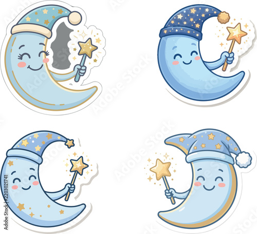 Cute cartoon moon characters with magic wands