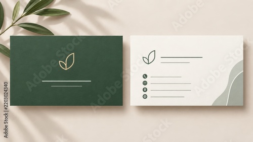Minimalist business cards with leaf logo on neutral background
