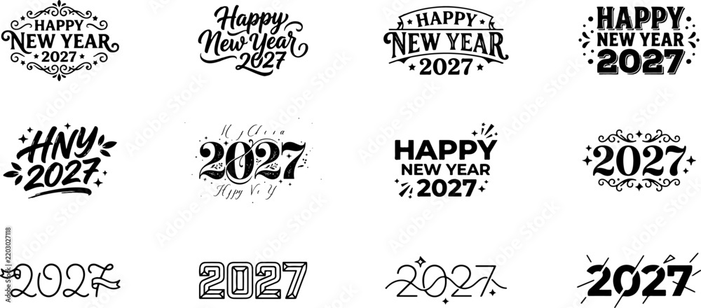 Fototapeta premium Happy New Year 2027 black and white typography designs