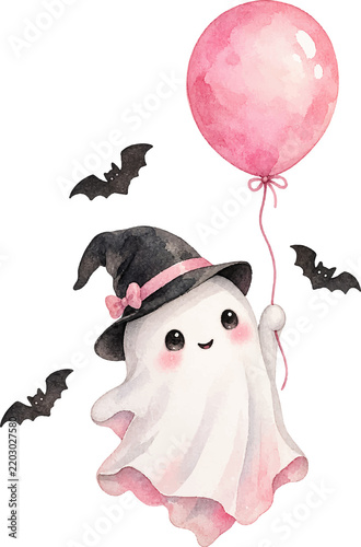 Adorable Watercolor Halloween Ghost Holding Pink Balloon Wearing Small Witch Hat – PNG Transparent