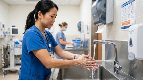 Nurse Washing Hands in Hospital Sink for Hygiene and Infection Control