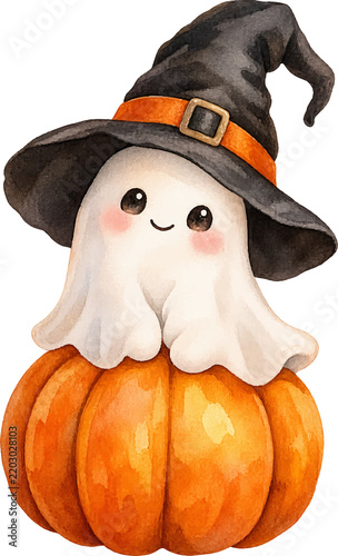 Cute Chubby Watercolor Halloween Ghost Wearing Oversized Witch Hat Sitting on Pumpkin – PNG Transparent