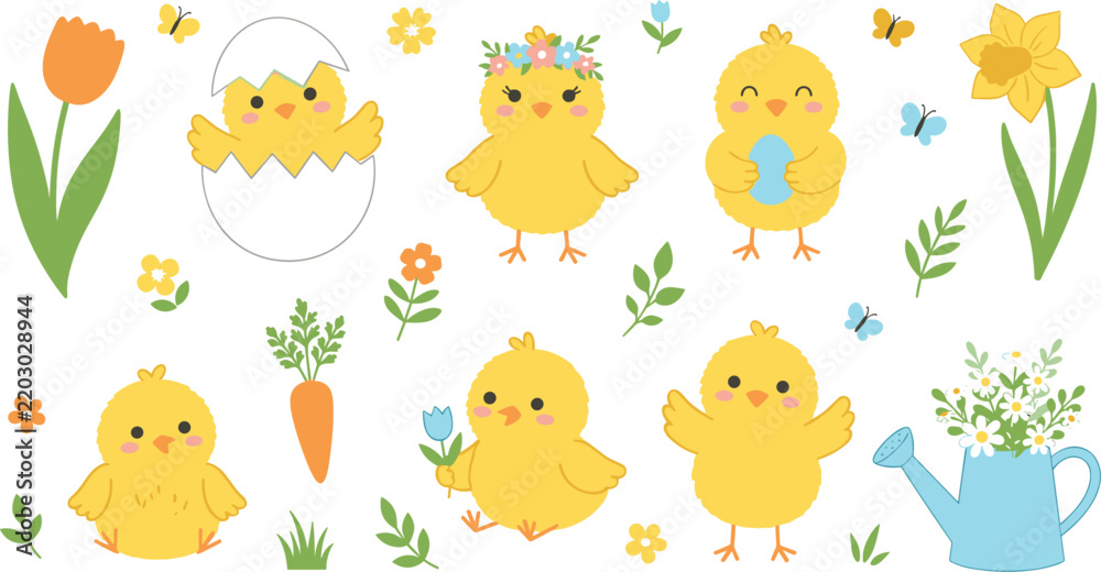 Obraz premium Cute Easter Cartoon Baby Chick Clipart Vector Asset Set Featuring Hatching Eggs Flower Crowns Blue Easter Eggs Spring Tulips and Watering Cans