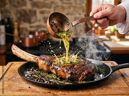 Molten clarified herb butter pouring from vintage copper ladle over thick bone-in ribeye steak, generative AI
