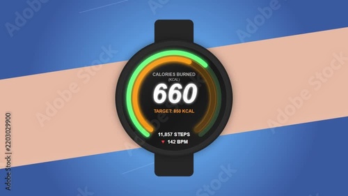 Smart fitness watch showing burned calories, step count, and heart rate on a wrist