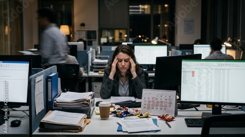 Stressed woman working late at office desk, overwhelmed with work, holding head.