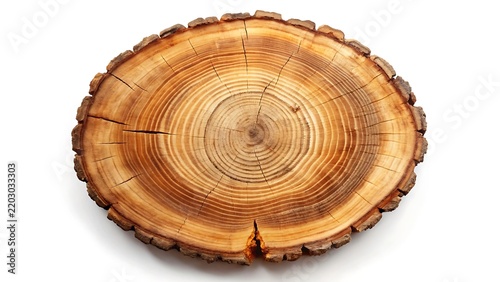 Top View of Circular Wooden Tree Stump with Detailed Growth Rings and Dark Bark on White Background
