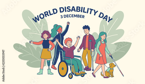World Disability Day 3 December diverse group of people with wheelchair crutches and guide dog among green leaves inclusive community