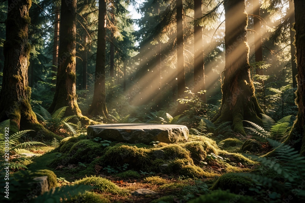 Obraz premium Stone podium rests on mossy ground in sunlit forest glade. Rays of light pierce canopy illuminating mystical woodland scene. Ferns and trees surround natural platform.