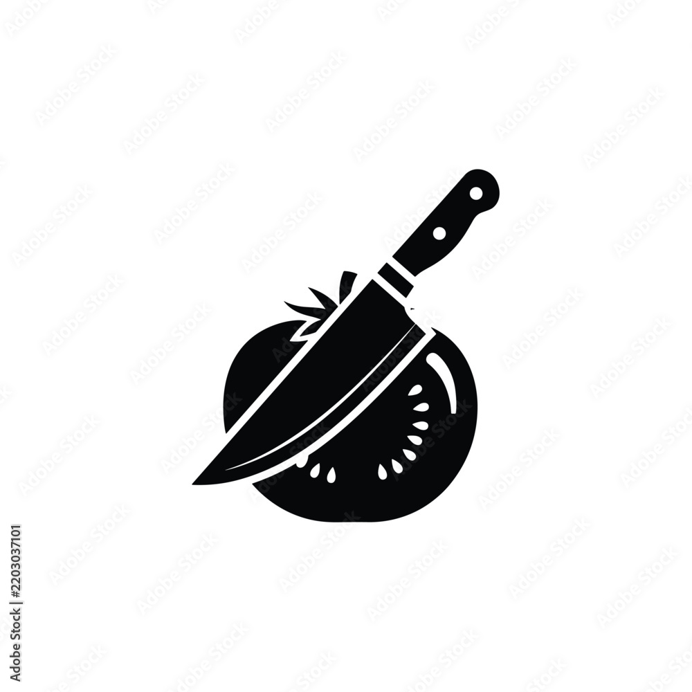Obraz premium Dramatic black silhouette illustrating a sharp kitchen knife expertly slicing into a fresh tomato, signifying precise food preparation.