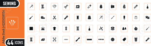 Sewing tools and tailoring supplies icons solid black vector collection featuring tailoring needle thread scissors tools textile stitching embroidery fabric spool thimble pin and button symbols