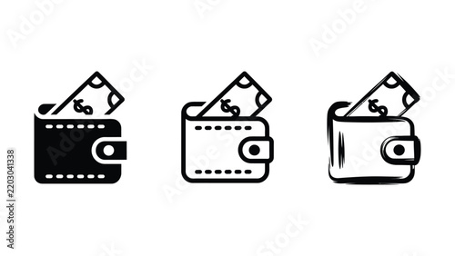 Foto Collection of three different styles of wallet icons with dollar bills sticking
