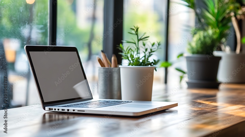Fototapeta premium Modern workspace with open laptop potted plants and office supplies near a bright window