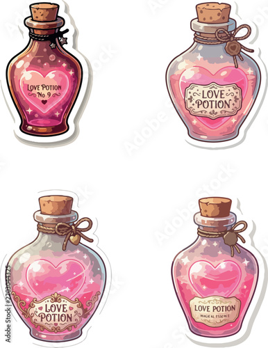 Four love potion bottles with cork stoppers