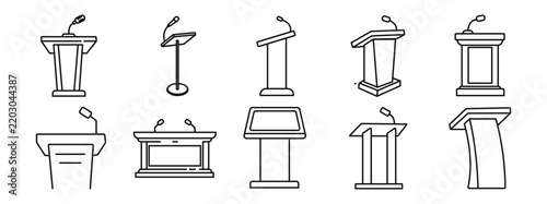 Set of simple line art podiums with microphones for presentations and speeches.