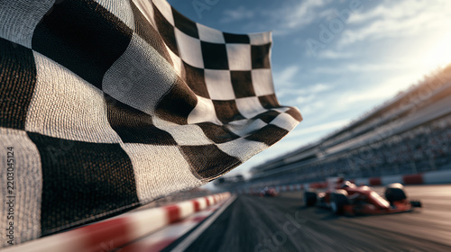 A close up view of a waving black and white checkered flag at a speed race track with blur background motion showing a formula car driving fast towards the finish line on a sunny day event design