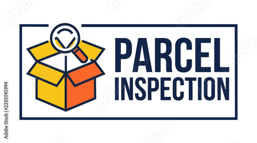 Parcel inspection icon featuring an open cardboard box and magnifying glass symbol alongside bold typography on a white background.