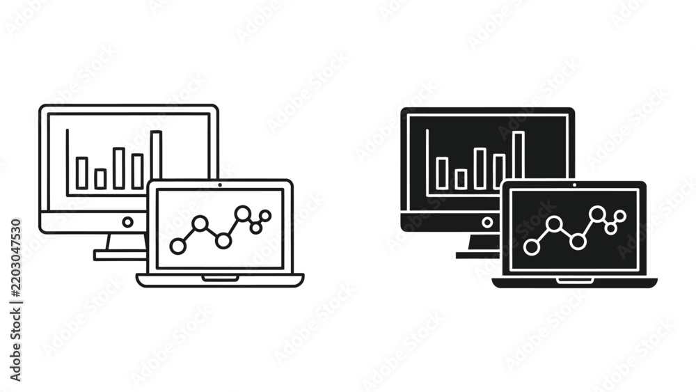 Obraz premium Desktop computer and laptop monitor showing analytics and network data vector icons