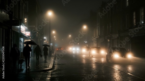 People walking with umbrellas on foggy city street at night illuminated by streetlights photography