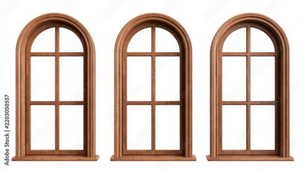 Obraz premium Collage of beautiful wooden arched window frames on a clean white background, designed as a stylish banner composition.