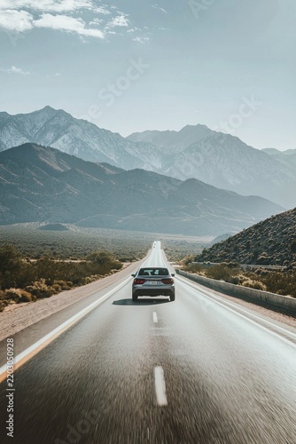 Modern silver car driving on long desert highway heading towards majestic mountains. Ideal for family road trip adventure brochure, outdoor travel insurance banner or car rental agency website