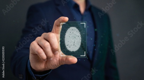 Biometric authentication with digital fingerprint overlay for identity verification.
