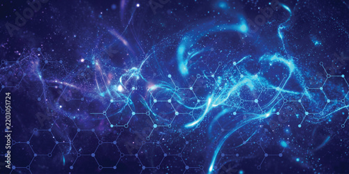 Flowing digital nebula with hexagonal molecule patterns and stardust particles illustrates cosmic biotechnology research.