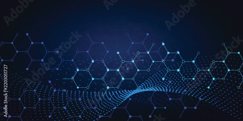 Dynamic grid of hexagonal nodes and wave of digital particles represents flowing information in deep blue cyberspace world.
