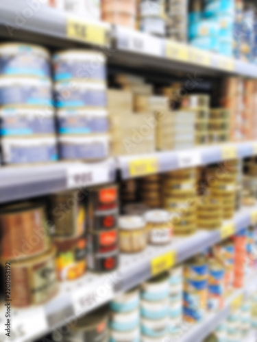 Blurred supermarket shelf background. Defocused grocery store aisle. canned food products. Blurry retail stock marketplace backdrop. Shopping mall consumerism sales. cpg. inflation. consumer goods.
