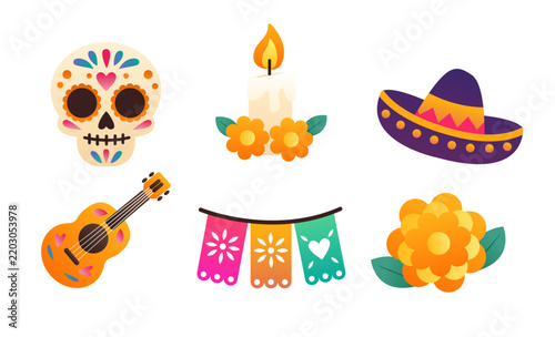 Día de los Muertos or Day of the Dead Vector Asset Collection with Sugar Skulls Marigolds and Papel Picado