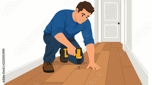 Young man in blue shirt kneeling in hallway screwing down squeaky hardwood floor plank with yellow cordless power drill, DIY home improvement and floor repair maintenance vector illustration