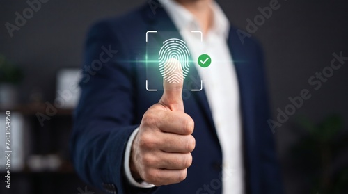 Biometric verification with fingerprint overlay and green checkmark for secure access.
