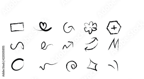 Collection of hand drawn black and white doodle style icons