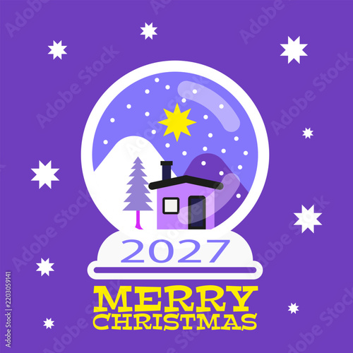 2027 Merry Christmas Snow Globe with Winter House and Christmas Trees – Festive Holiday Illustration