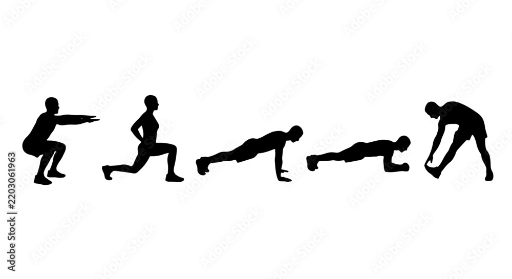 Fototapeta premium Fitness Exercise Icons: Squat, Lunge, Plank, Stretch Silhouette Set for Workout Graphics
