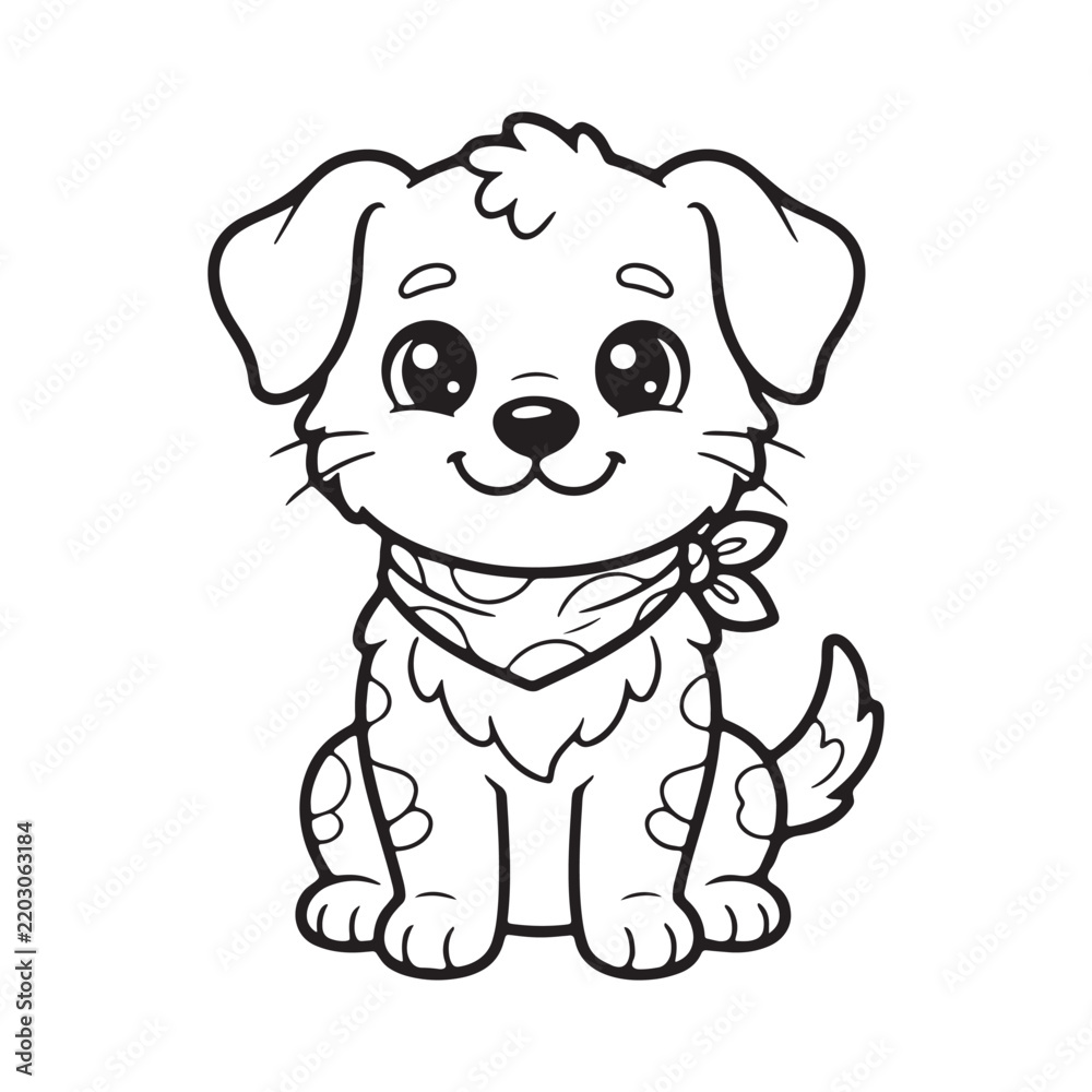 Obraz premium Cute sitting puppy wearing a cowboy bandana, kids coloring page, kawaii black and white line art dog illustration