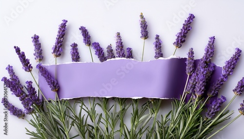 lavender plant stems with torn paper banner isolated on clear background area