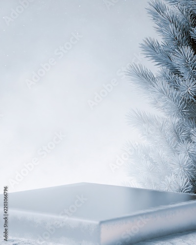 Winter Christmas Background with Snowy Evergreen and Display Podium