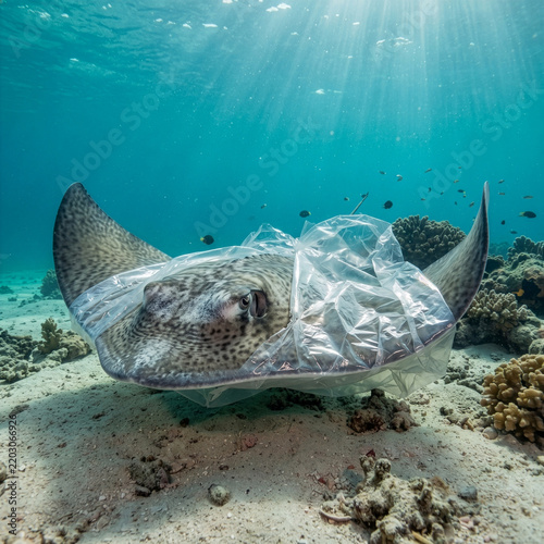 Stingray morphed in plastic bottle symbolizing bottom dweller waste entanglement