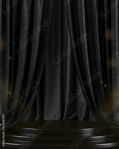 Black Christmas Stage with Curtains and Product Podium