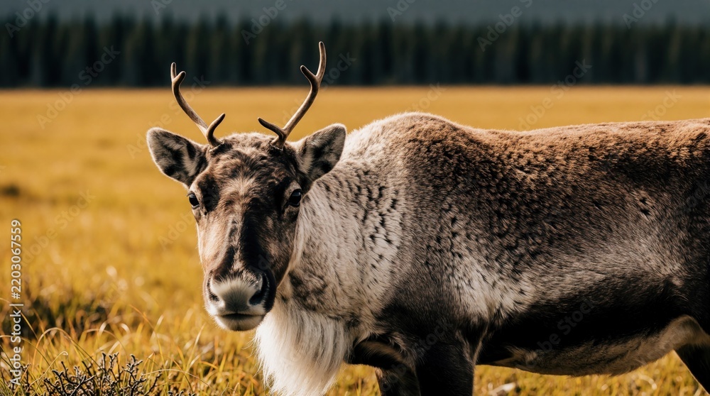 Fototapeta premium Close up portrait of a reindeer with large antlers standing in a field of dry grass. The animal looks directly at the camera with a blurred forest background. Its fur is brown and white.