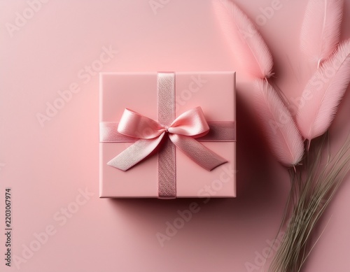 a minimalist flat lay of a pink gift box on a soft pink background