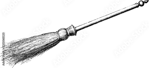 Antique besom broom engraving isolated on white background for seasonal decor background and rustic poster design
